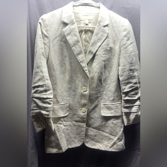 Michael Kors Linen Khaki Blazer with Ruched Sleeves sz M - Picture 5 of 12
